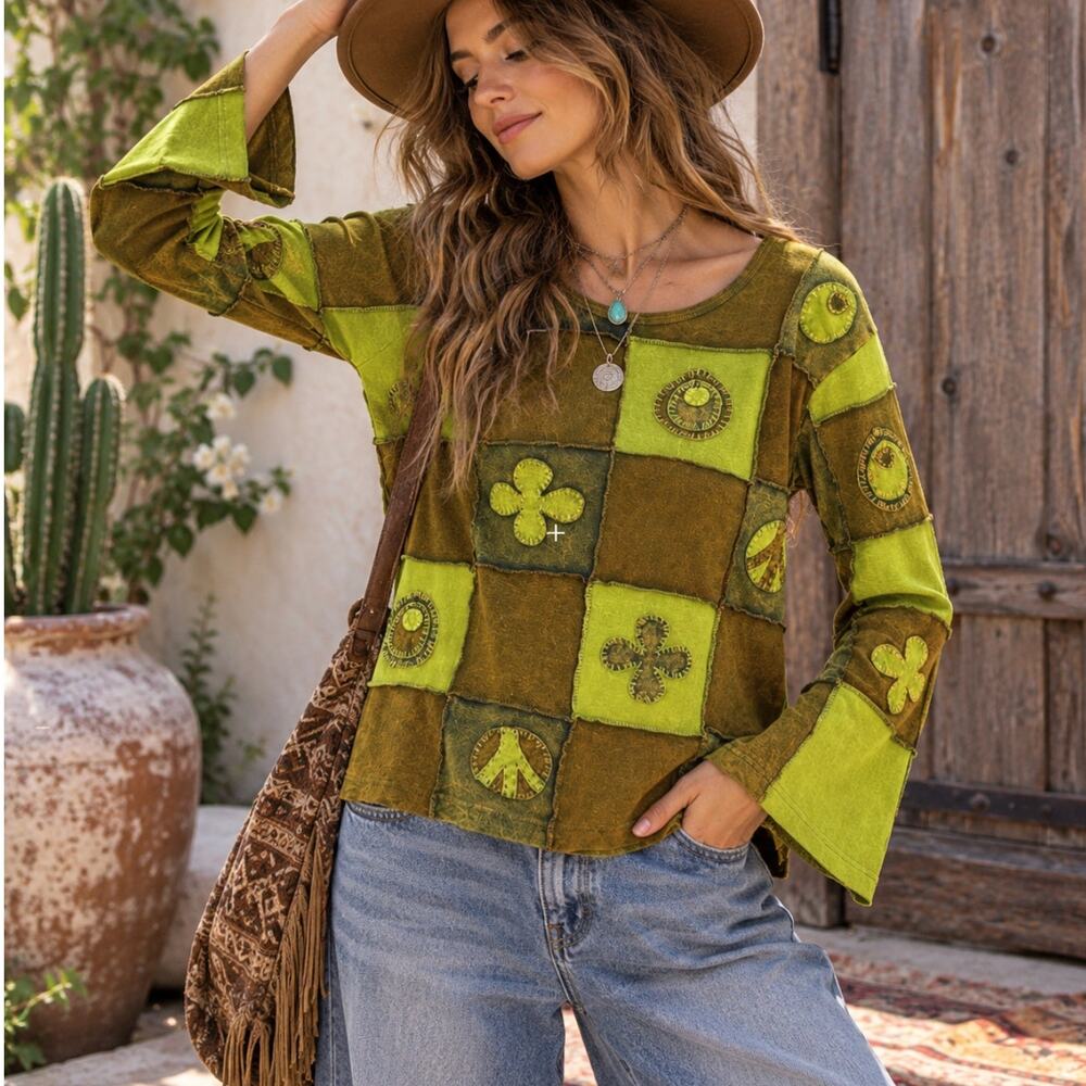 Kathmandu Imports Patchwork Top L Green Brown Cotton Boho Hippie Nepal Festival